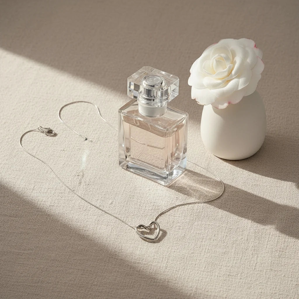 Elegant Sterling Silver Heart Chain Necklace beside perfume bottle and white flower on beige fabric — chic lifestyle setup | Oria Jewel