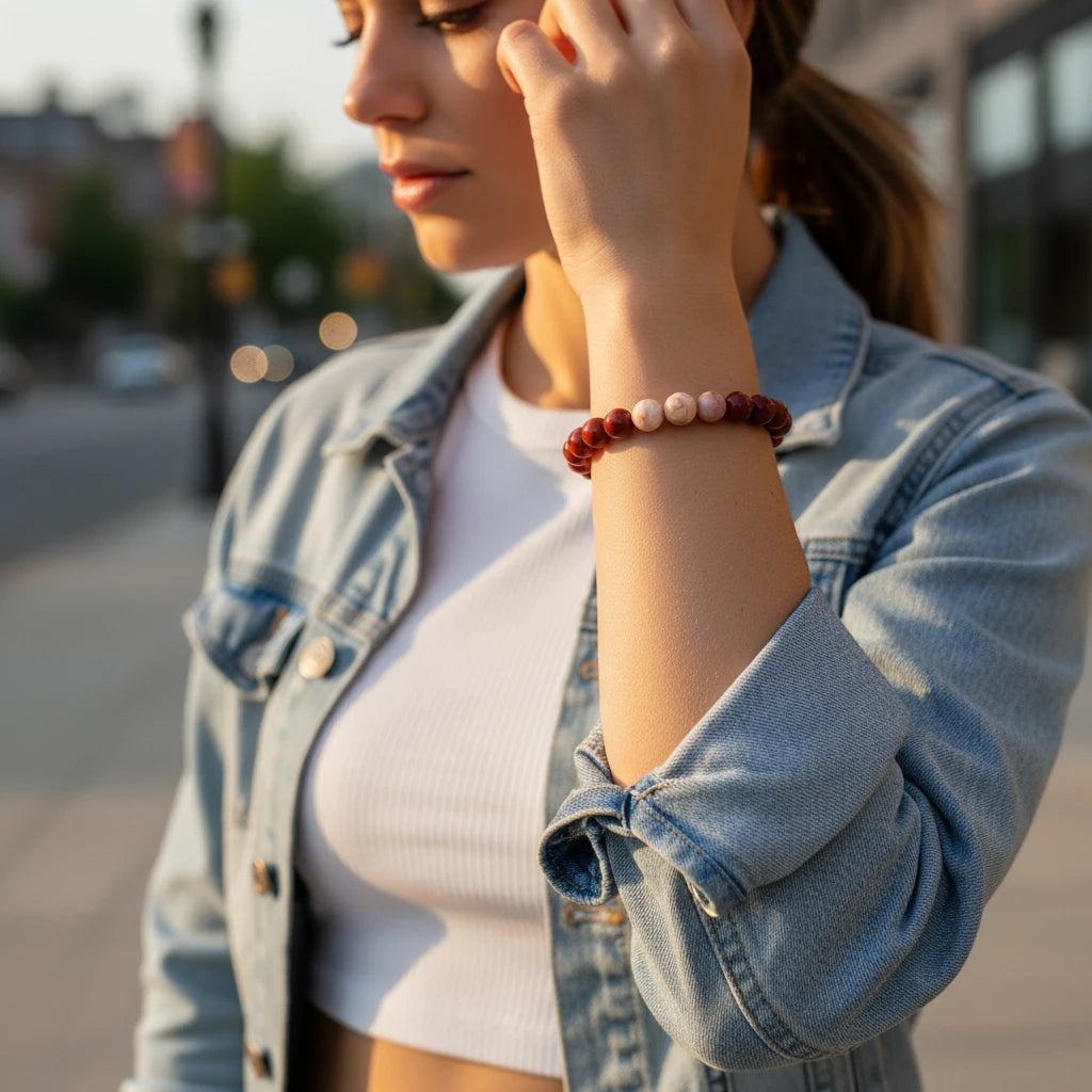 Sun Energy Crystal Bracelet on a woman’s wrist, styled with a white crop top and denim jacket in soft golden city light | Oria Jewel