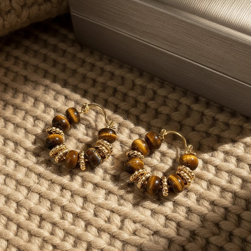 Tiger Eye Beaded Hoop Earrings close-up on knit fabric with jewelry box | OriaJewel