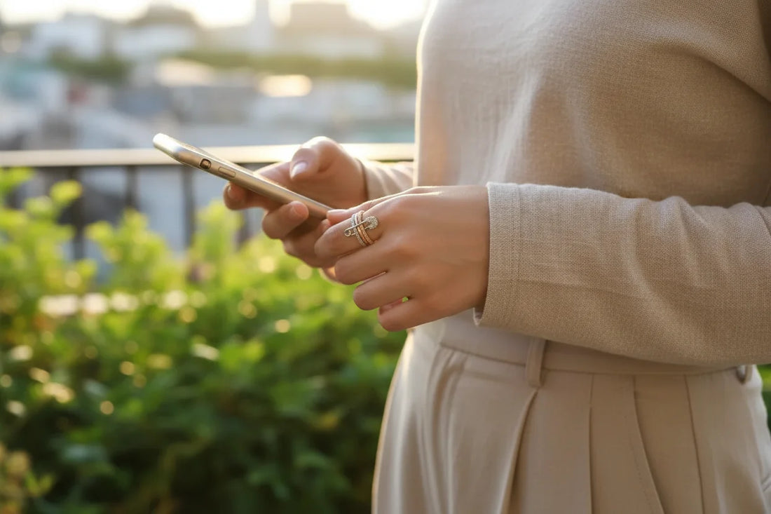Casual balcony scene with a woman using her phone, focusing on the tri-color stacked bands and the safety pin centerpiece with shimmering pavé stones — Tri-Color Safety Pin Ring | OriaJewel