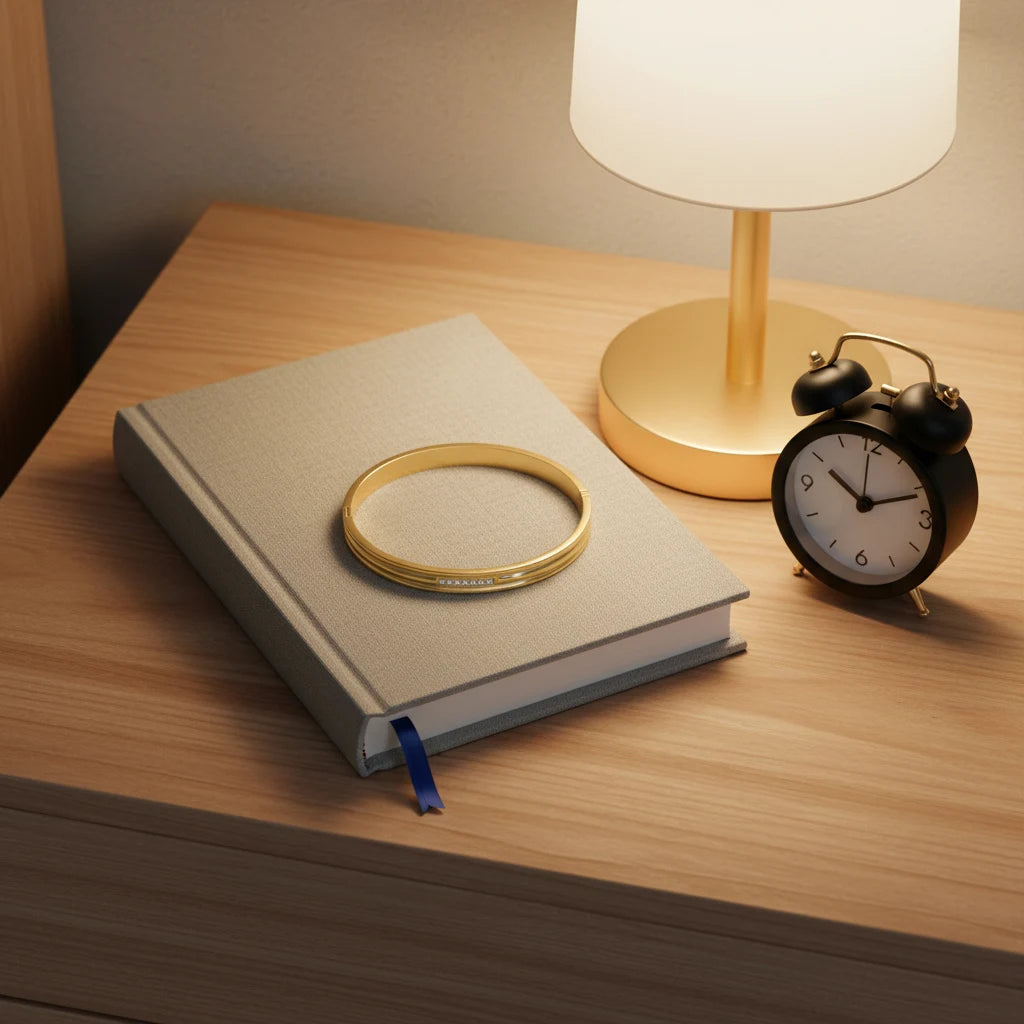 Nightstand scene with a closed book, small alarm clock, table lamp, and the Triple Line Gold Hinged Bangle laid flat on the book, creating a cozy bedside mood | Oria Jewel
