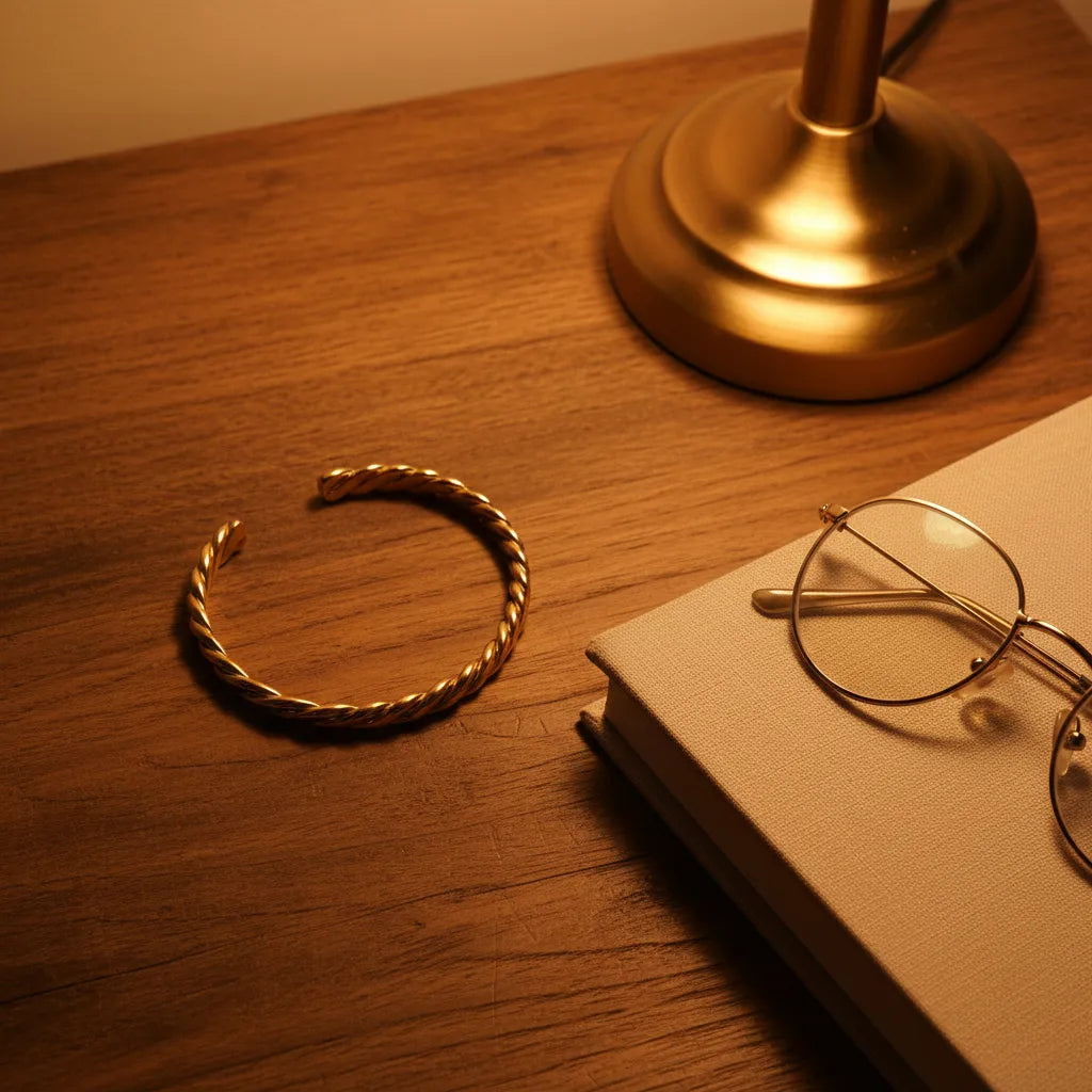Warm evening bedside shot of a Twisted Gold Cuff Bracelet lying beside a book and round glasses under a golden lamp, the twisted metal catching the cozy ambient light for a relaxed nighttime vibe | Oria Jewel