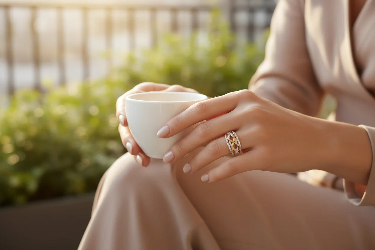 Two Tone Criss Cross Ring worn while holding a white coffee cup outdoors, warm golden-hour light highlighting the pavé silver bands and the polished gold infinity-style cross detail | OriaJewel