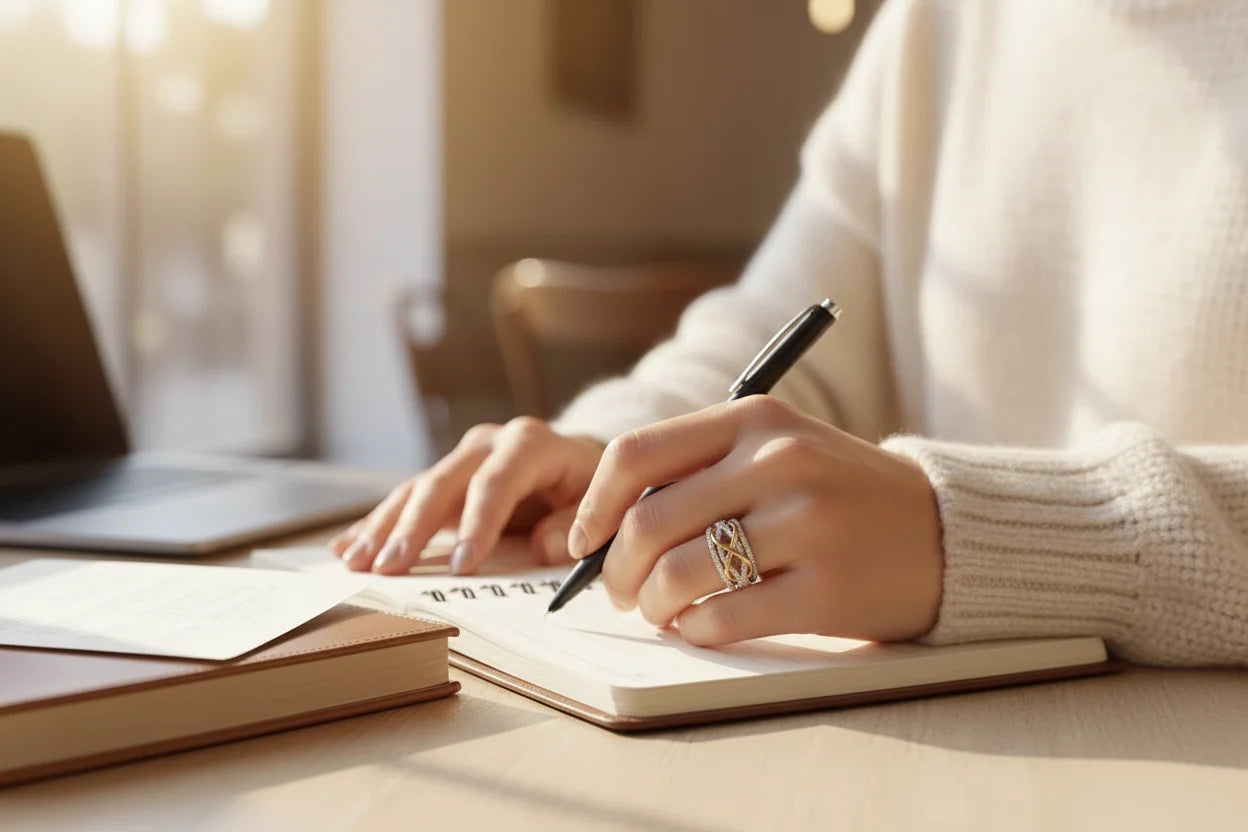 Two Tone Criss Cross Ring worn while writing in a notebook with a pen, cozy desk scene with sunlight catching the pavé sparkle and gold criss-cross detail | OriaJewel