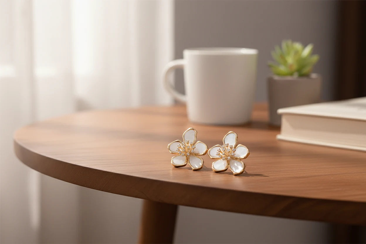 White Flower CZ Stud Earrings on a wooden table near a coffee cup | OriaJewel