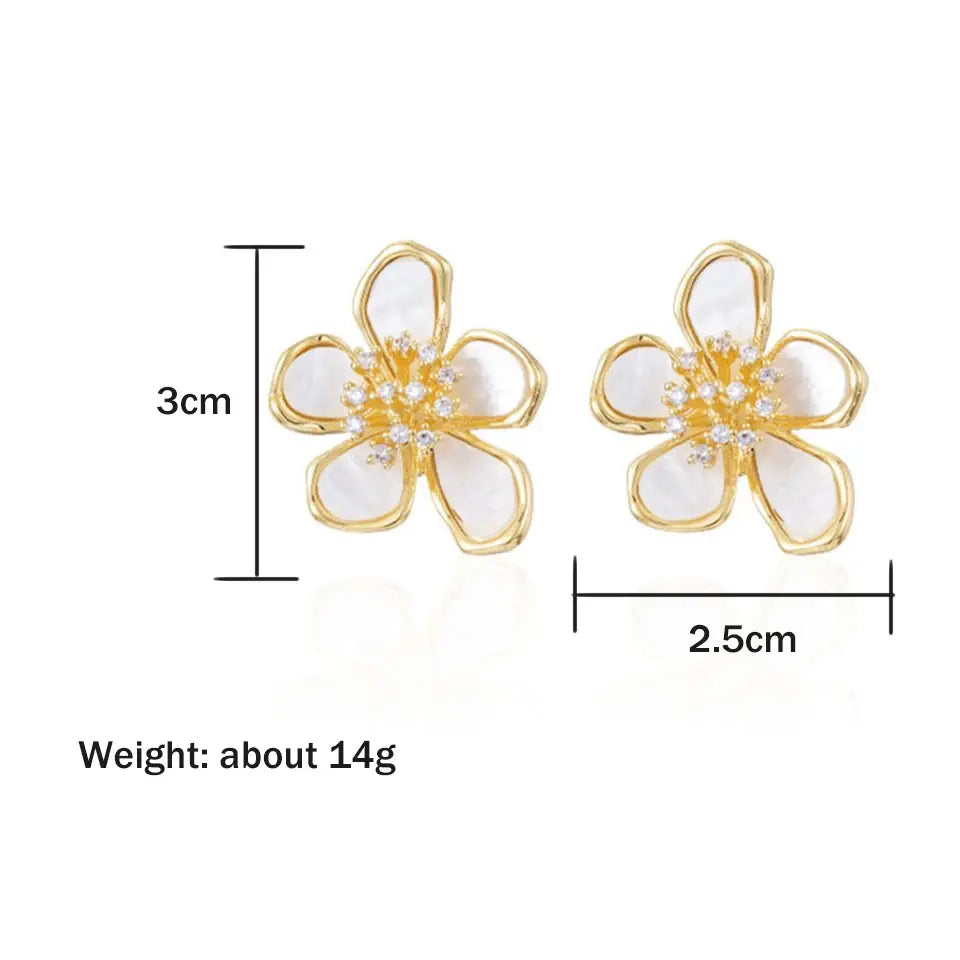 White Flower CZ Stud Earrings size guide (3cm x 2.5cm) | OriaJewel