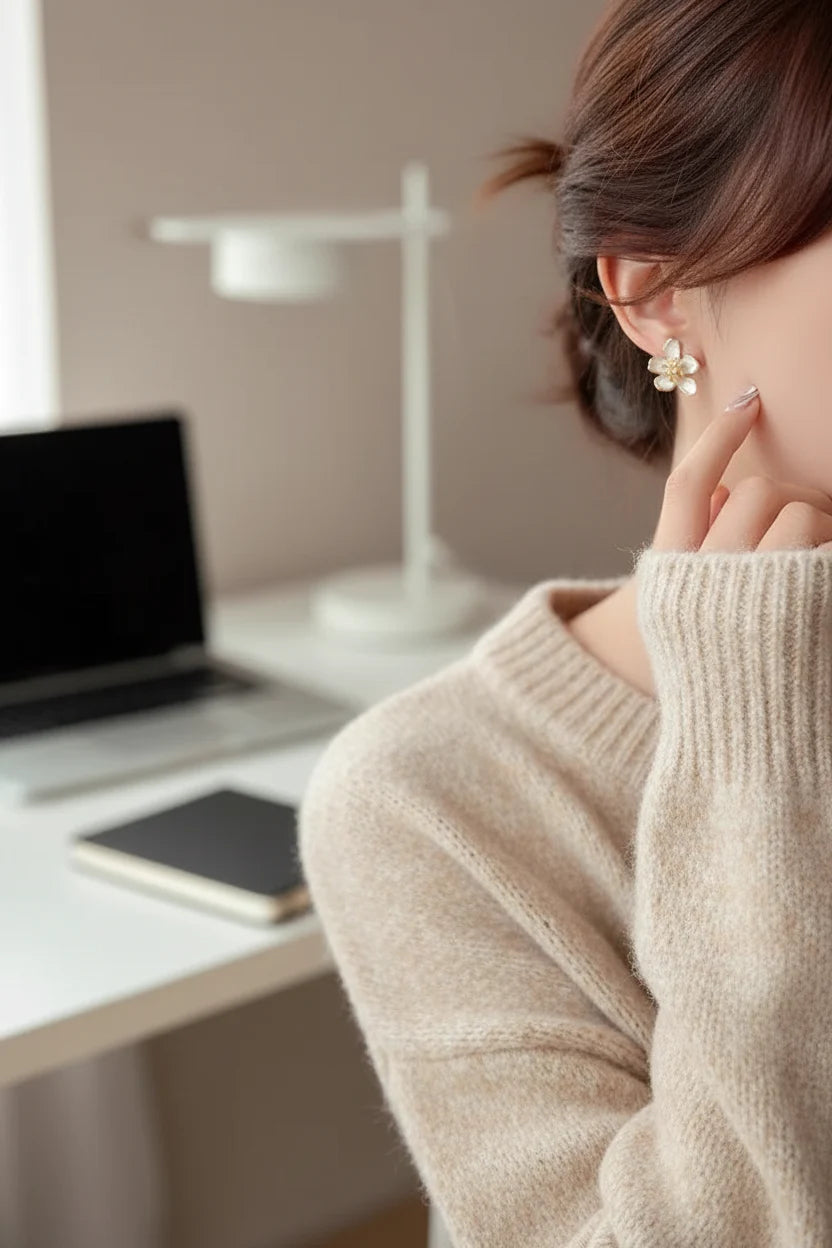Close-up wearing White Flower CZ Stud Earrings in a cozy sweater | OriaJewel