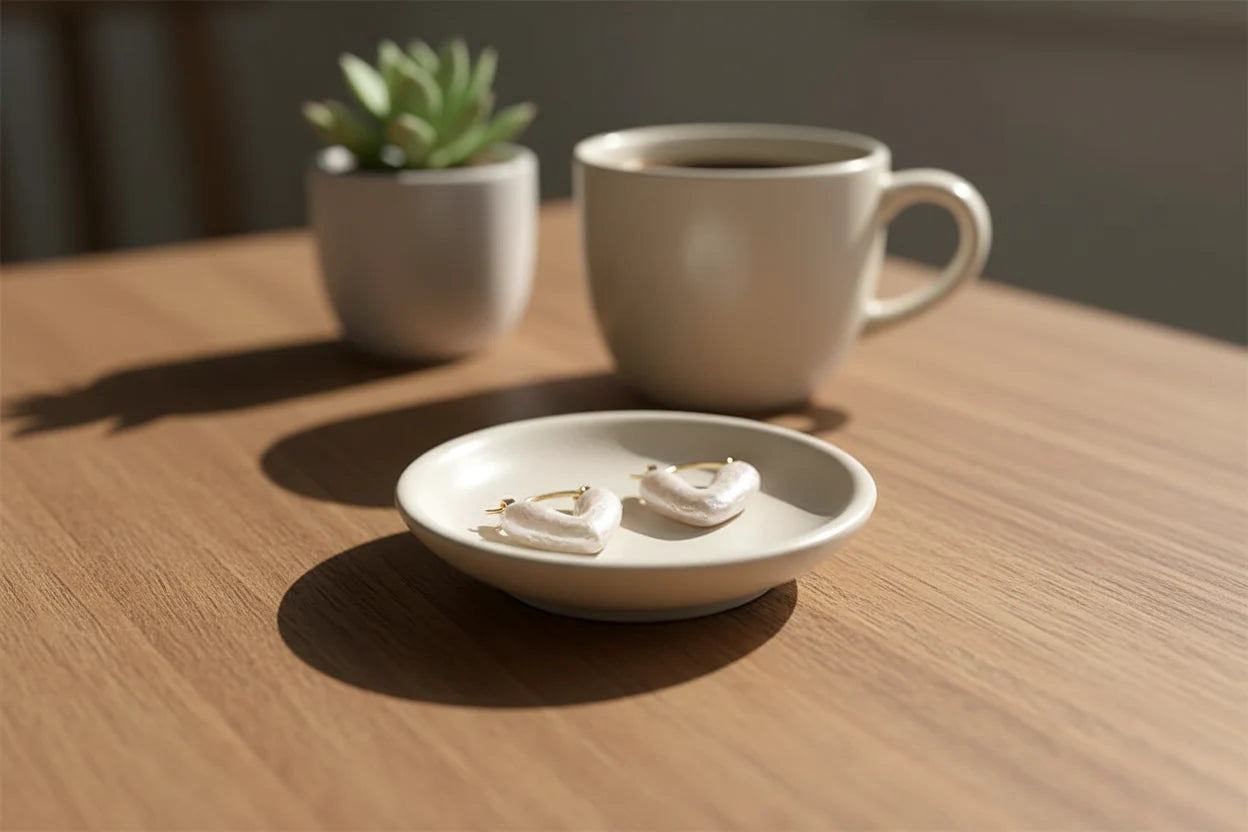 White Heart Huggie Hoop Earrings on dish beside coffee cup | OriaJewel