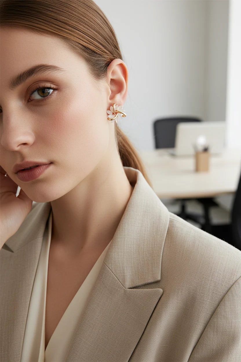Office-style model close-up wearing White Petal Cluster Stud Earrings | OriaJewel