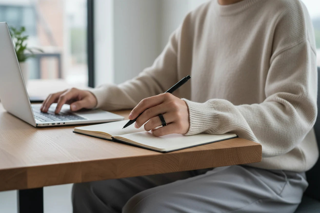 Wide Black Band Ring worn while writing in a notebook at a wooden desk beside an open laptop, showing the bold black band look in soft natural window light | OriaJewel