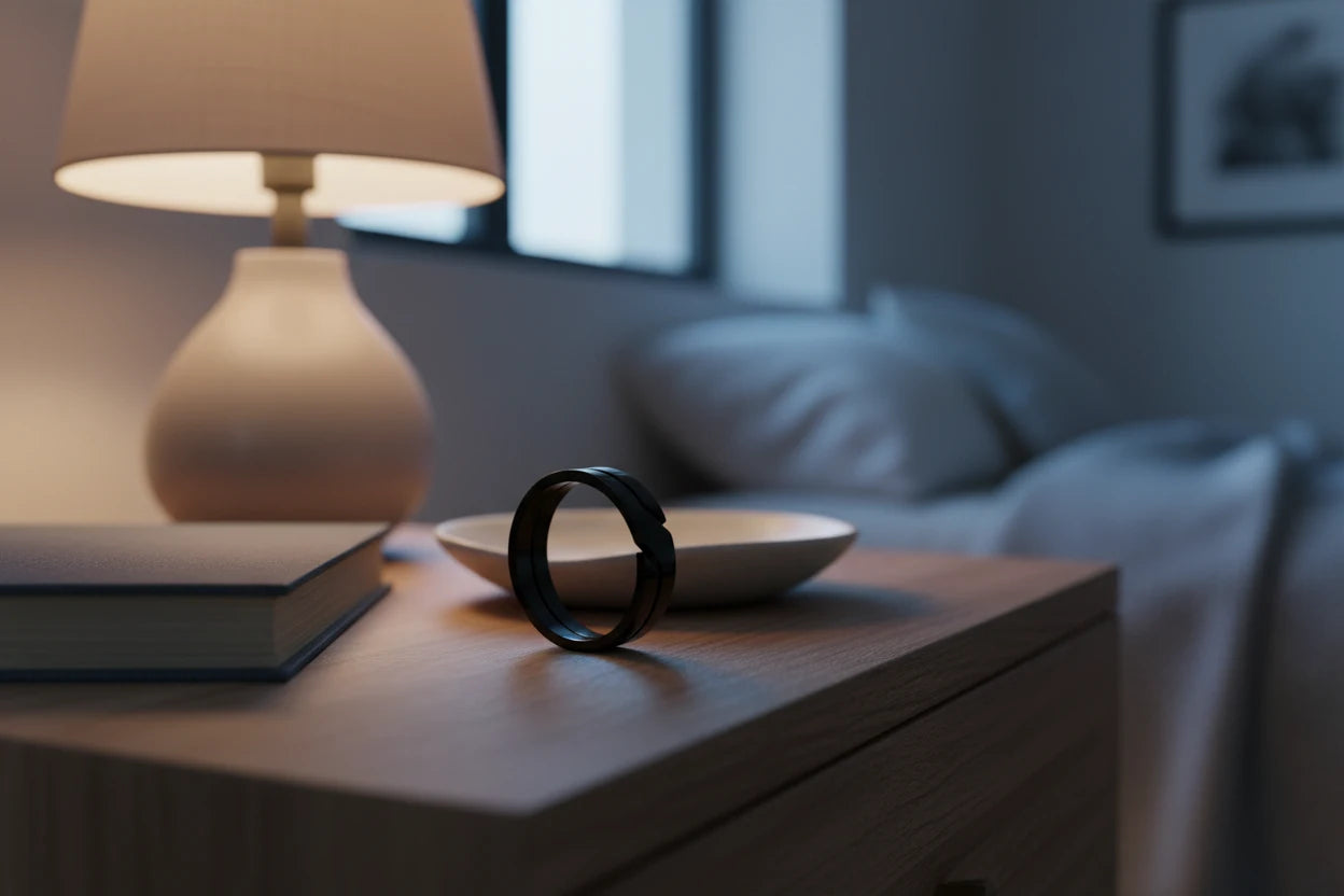 Wide Black Band Ring standing on a wooden nightstand beside a warm bedside lamp and a minimal dish, creating a cozy evening mood with the ring sharply in focus | OriaJewel