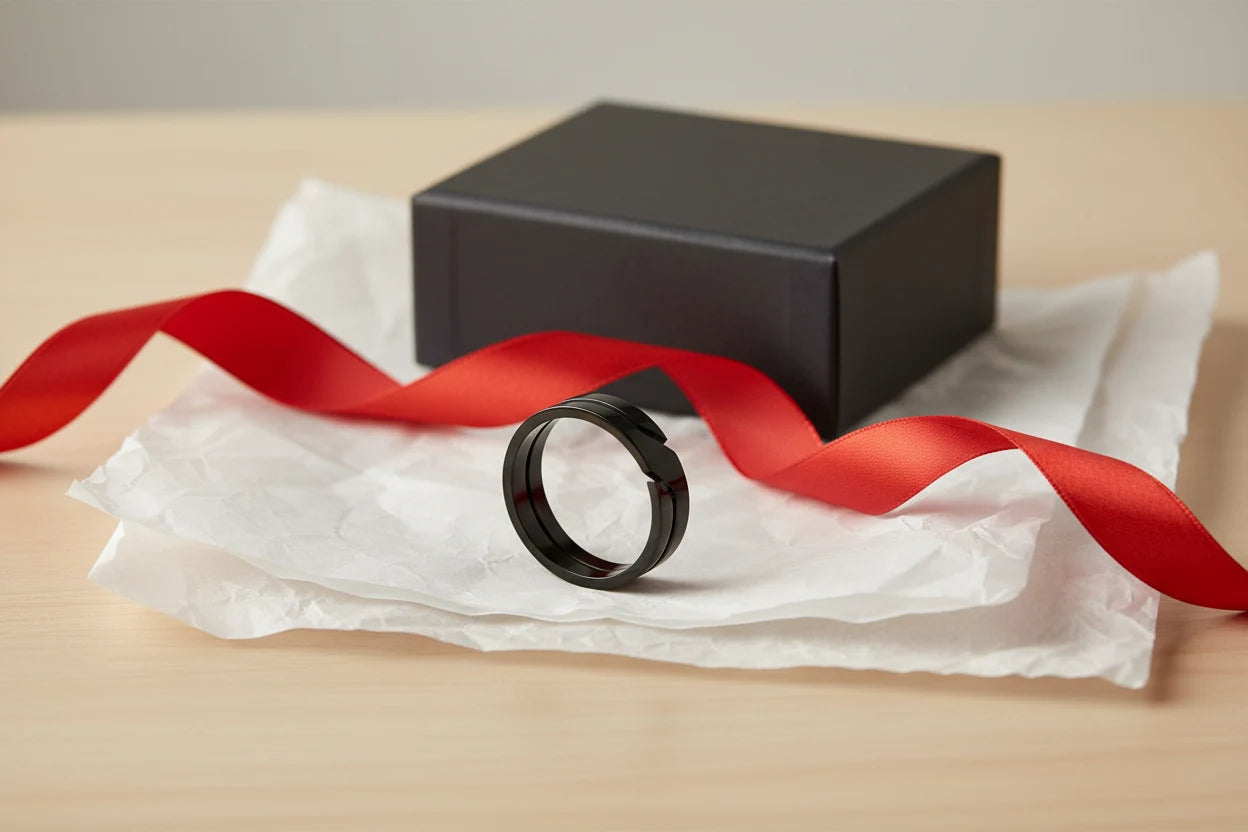Wide Black Band Ring styled as a gift with a black box and red ribbon on tissue paper, spotlighting the ring’s bold black band design in a clean tabletop scene | OriaJewel