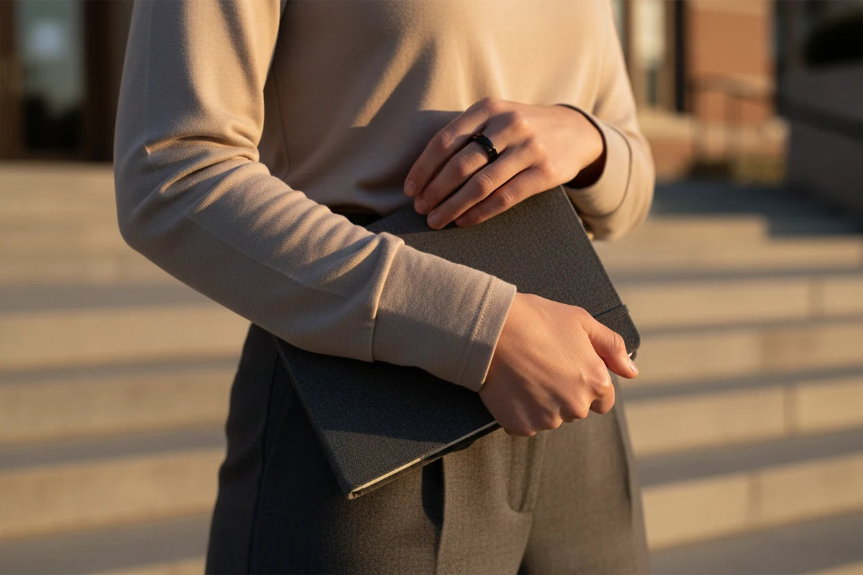 Wide Black Band Ring worn while holding a notebook or laptop sleeve outdoors in warm golden-hour light, highlighting the bold black band look with a softly blurred city background | OriaJewel