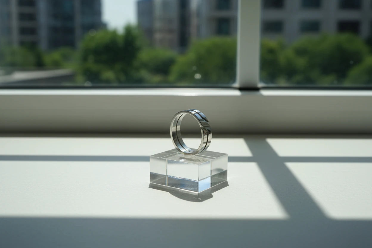 Wide Silver Band Ring standing upright on a clear acrylic block by a sunlit window, crisp shadow lines emphasizing the polished silver band and geometric cut design | OriaJewel