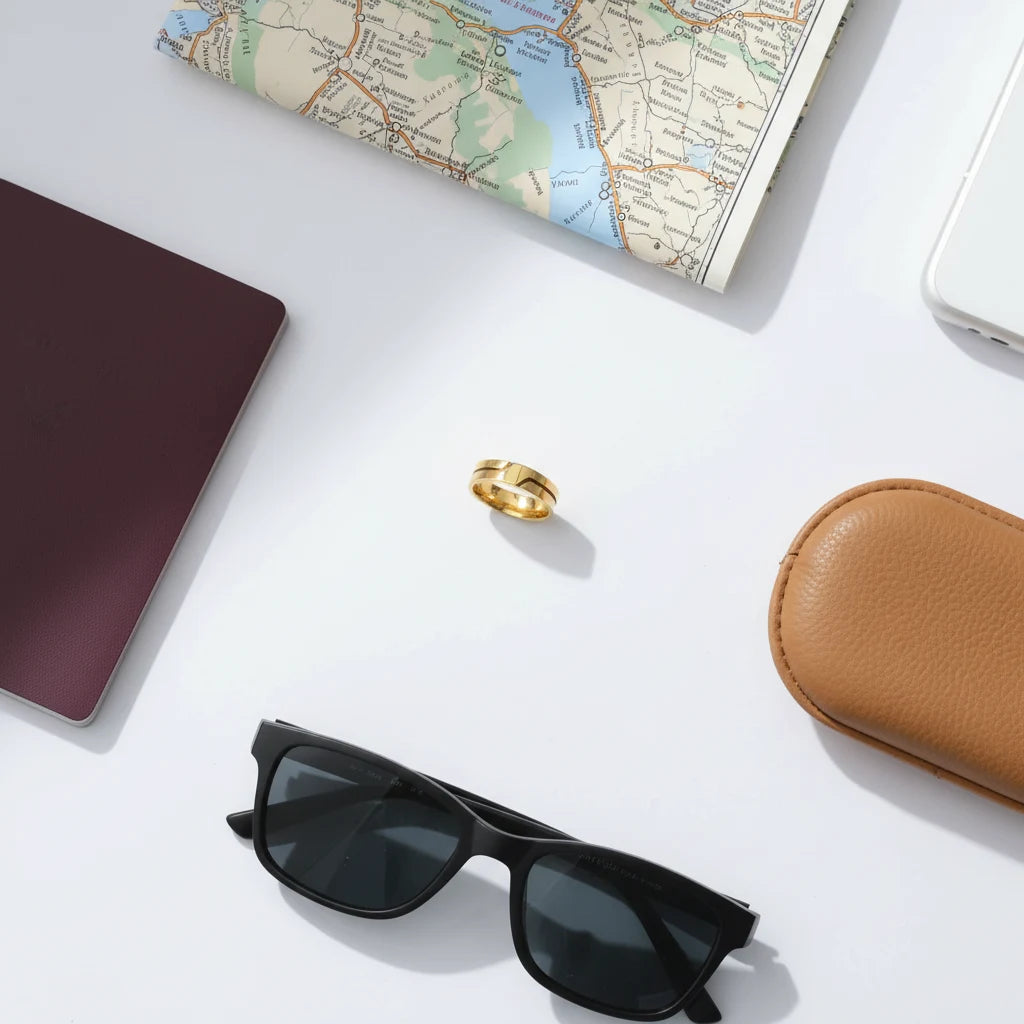 Wide Gold Band Ring styled in a travel flat lay with sunglasses, a folded map, and a leather case on a bright white surface, spotlighting the bold wide band in crisp daylight | OriaJewel