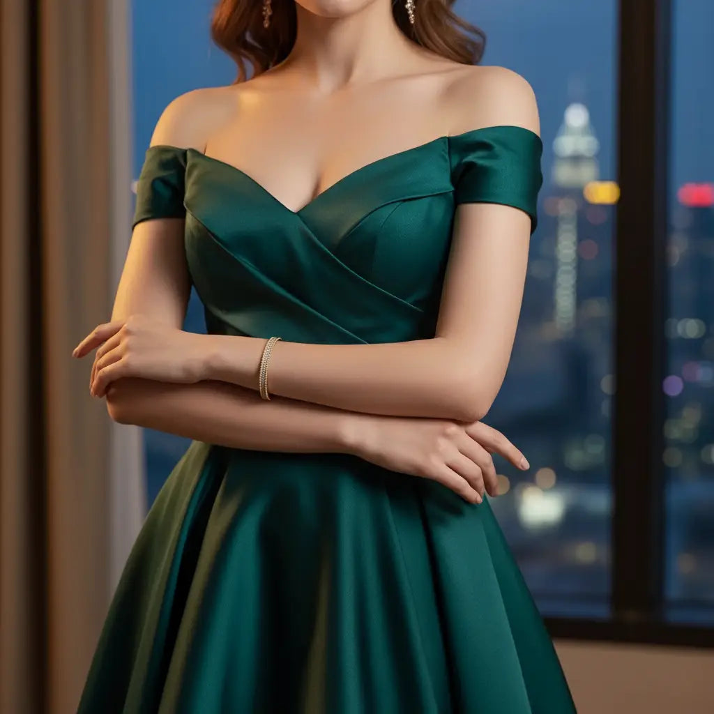 Elegant evening look with off-shoulder emerald gown, arms crossed to highlight the shimmering Xaria Pavé Wrist Cuff bracelet | Oria Jewel