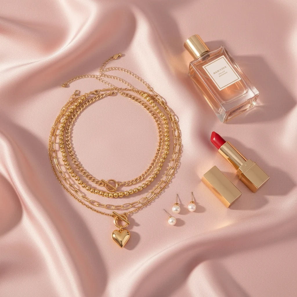 Y2K Heart Layered Necklace in gold displayed on pink satin beside red lipstick, perfume, and pearl earrings | Oria Jewel