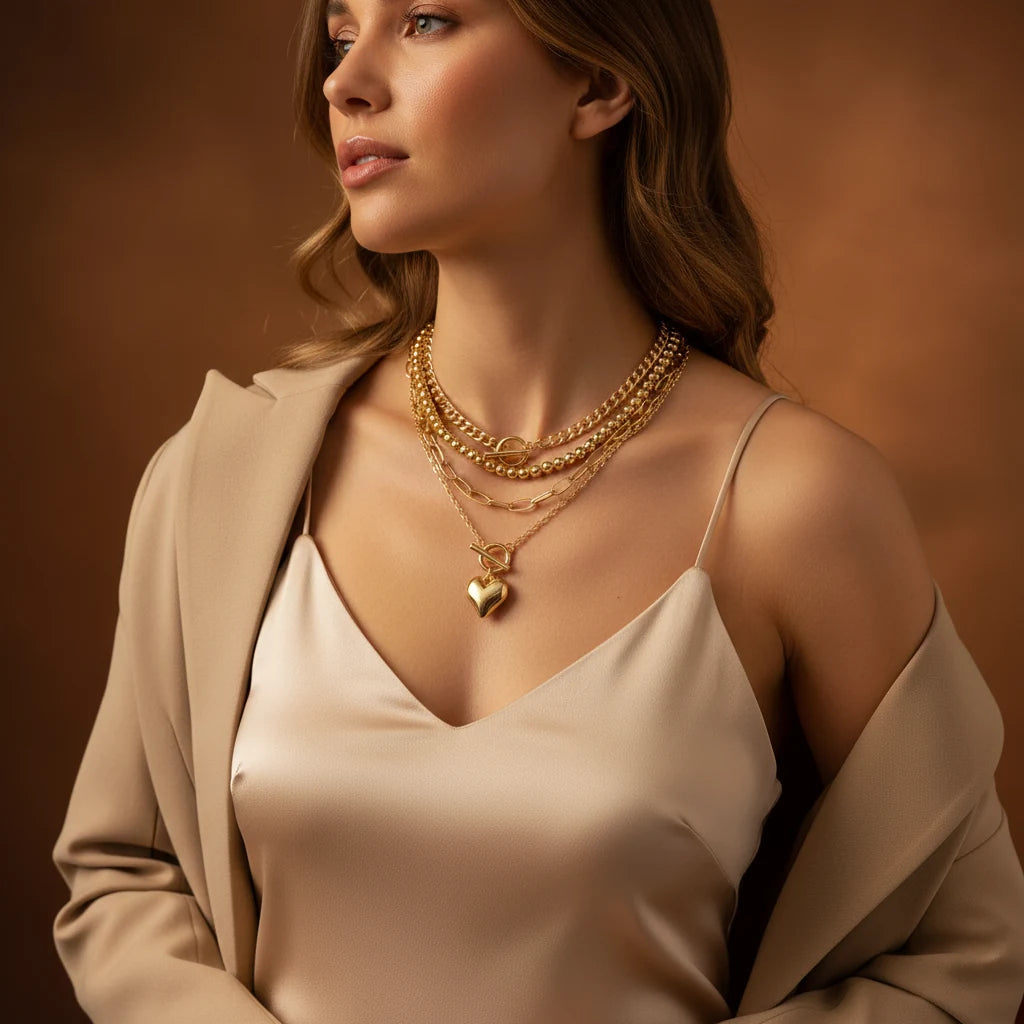 Y2K Heart Layered Necklace in gold styled with beige satin top and blazer for a soft glam Y2K-inspired outfit | Oria Jewel