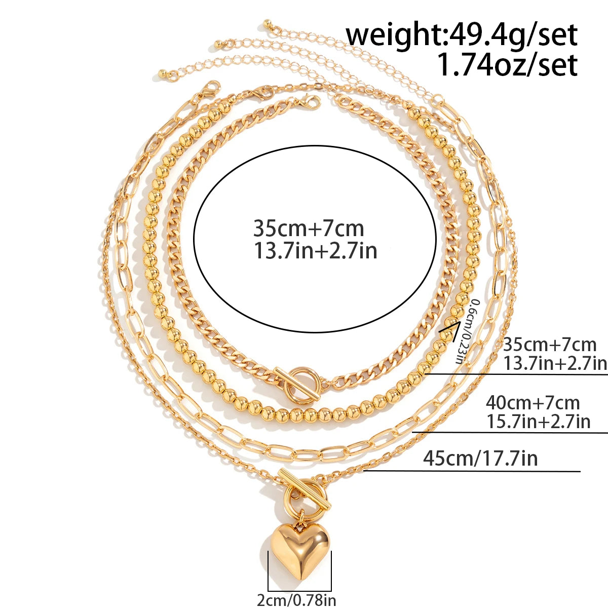 Y2K Heart Layered Necklace in gold showing detailed size chart with pendant dimensions and chain lengths | Oria Jewel