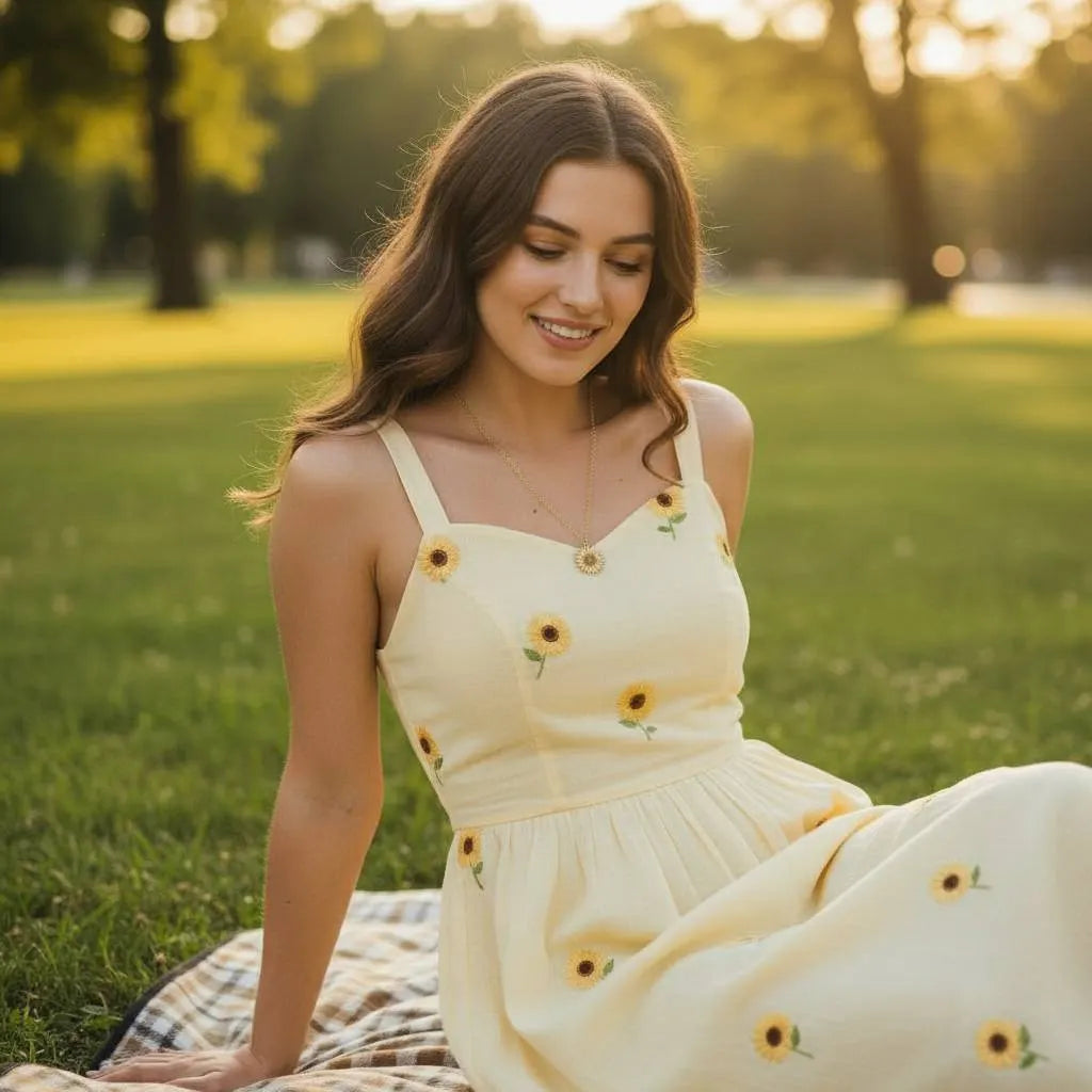 Woman in yellow sunflower dress wearing You Are My Sunshine Sunflower Locket | Oria Jewel
