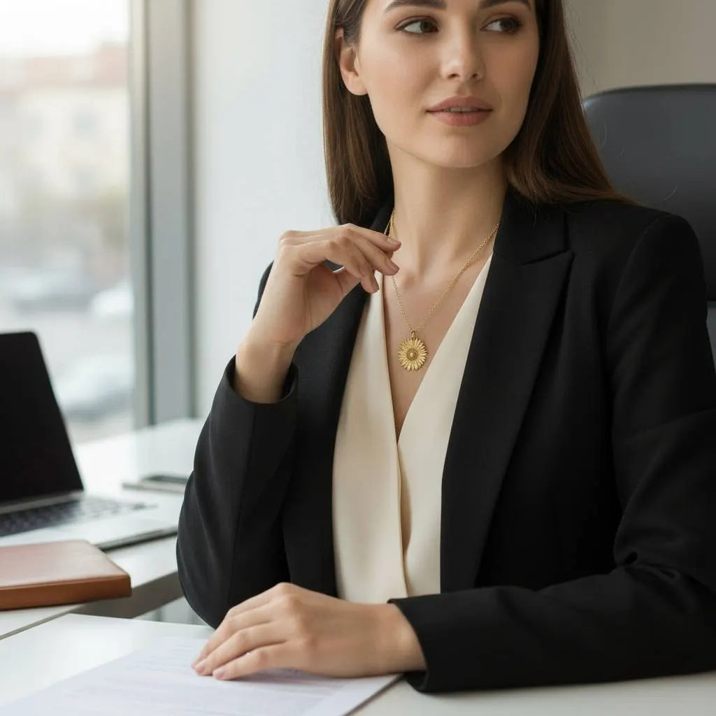 Elegant woman in blazer at office wearing You Are My Sunshine Sunflower Locket | Oria Jewel