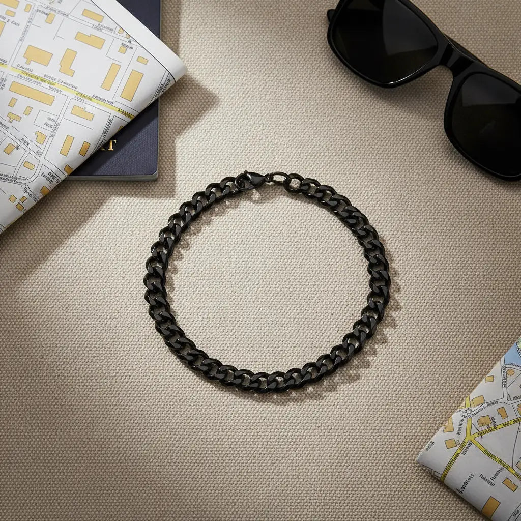 Travel-inspired flat lay featuring a black chain bracelet arranged on textured fabric with sunglasses, city maps and a passport, showcasing the bracelet as a versatile everyday accessory for trips and adventures | Oria Jewel