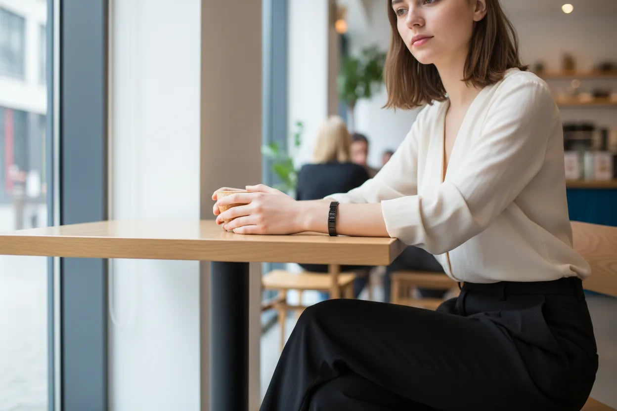 Lifestyle café shot of a woman sitting at a wooden table in a white blouse and black trousers, holding a cup while wearing a refined piece from the black stainless steel stretch bracelets collection, perfect for relaxed yet elegant outings | Oria Jewel