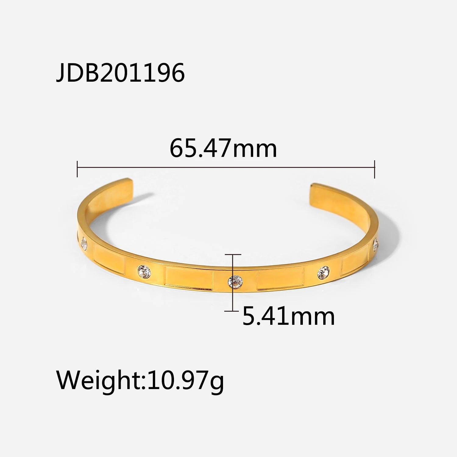 Size diagram of a gold crystal cuff bracelet showing inner diameter 65.47 mm, width 5.41 mm and weight 10.97 g on a plain light background | Oria Jewel