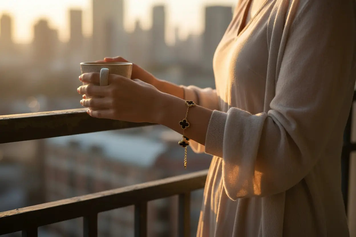Balcony sunrise moment with a woman holding a mug, city skyline softly blurred in the background, highlighting the dangling gold four leaf clover charm bracelet with black clover stations on her wrist, focus keyword four leaf clover charm bracelet | Oria Jewel