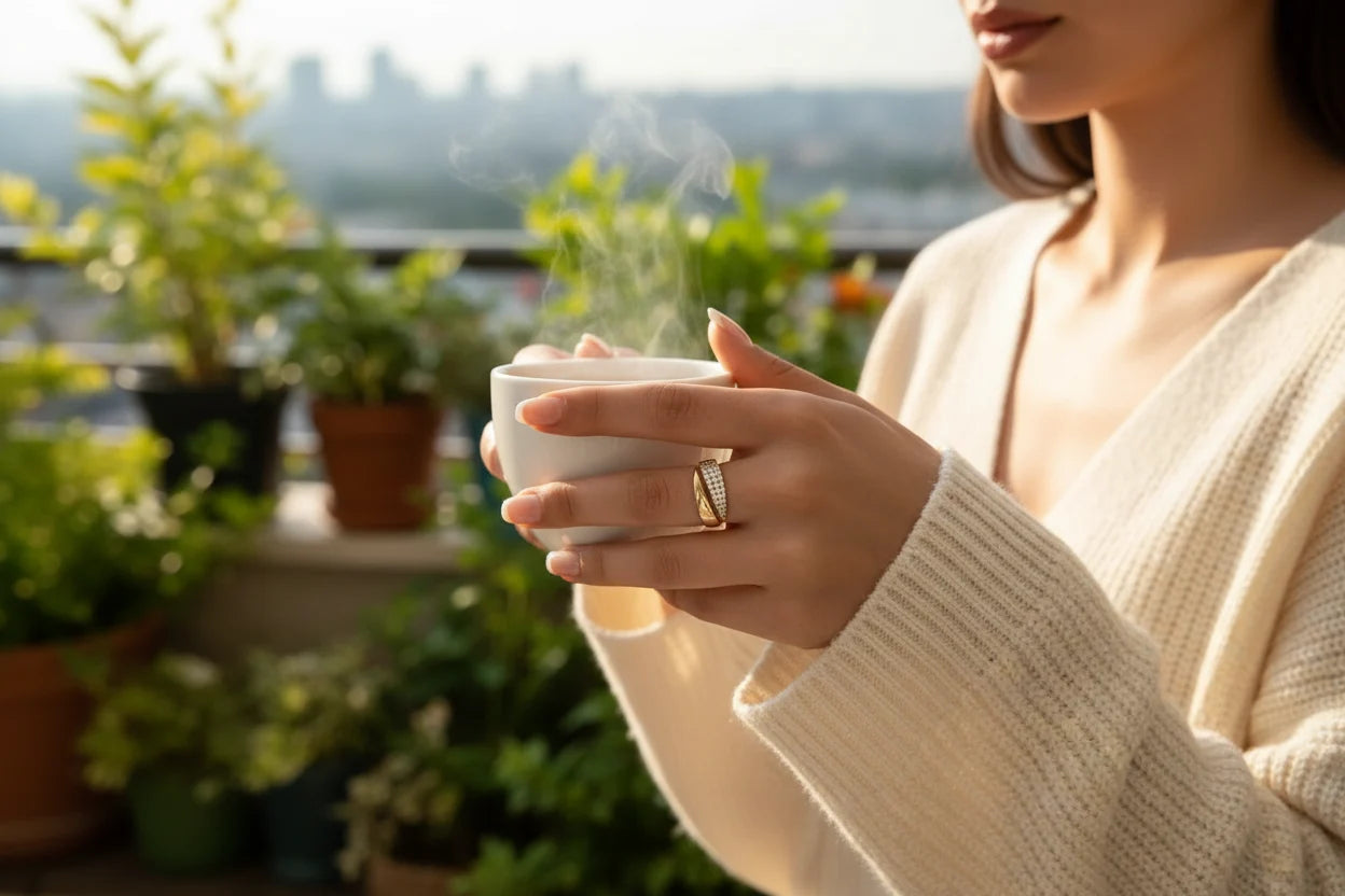 Rooftop coffee moment in warm light, focusing on hands holding a cup while wearing a sparkly gold bypass ring | OriaJewel