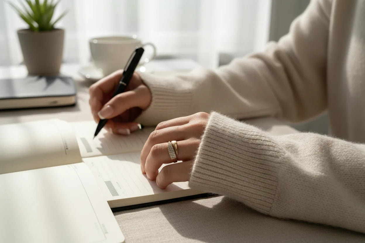 Bright workspace shot with planner and pen, highlighting a sleek curved gold bypass ring with pavé sparkle on one side | OriaJewel