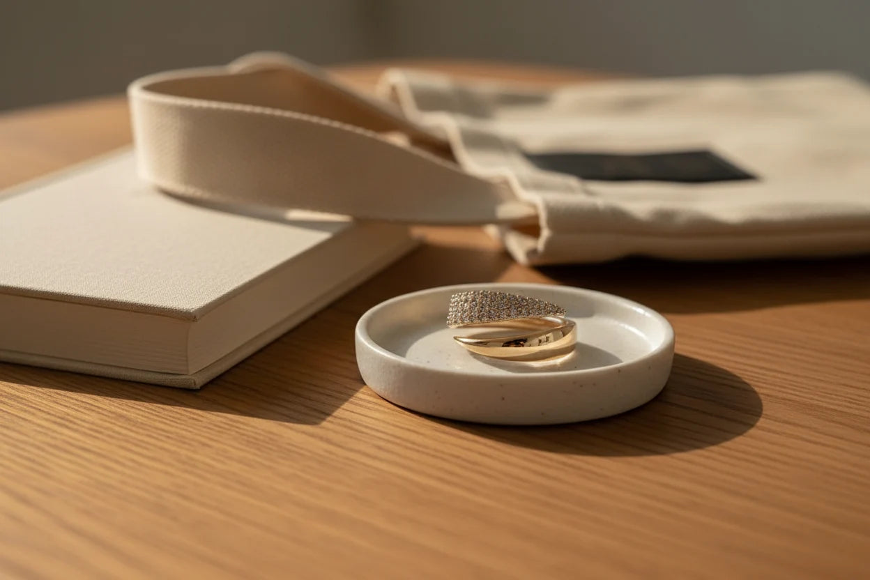 Lifestyle flat lay on a wooden table with book and tote, showcasing a gold bypass ring resting in a small ceramic dish | OriaJewel