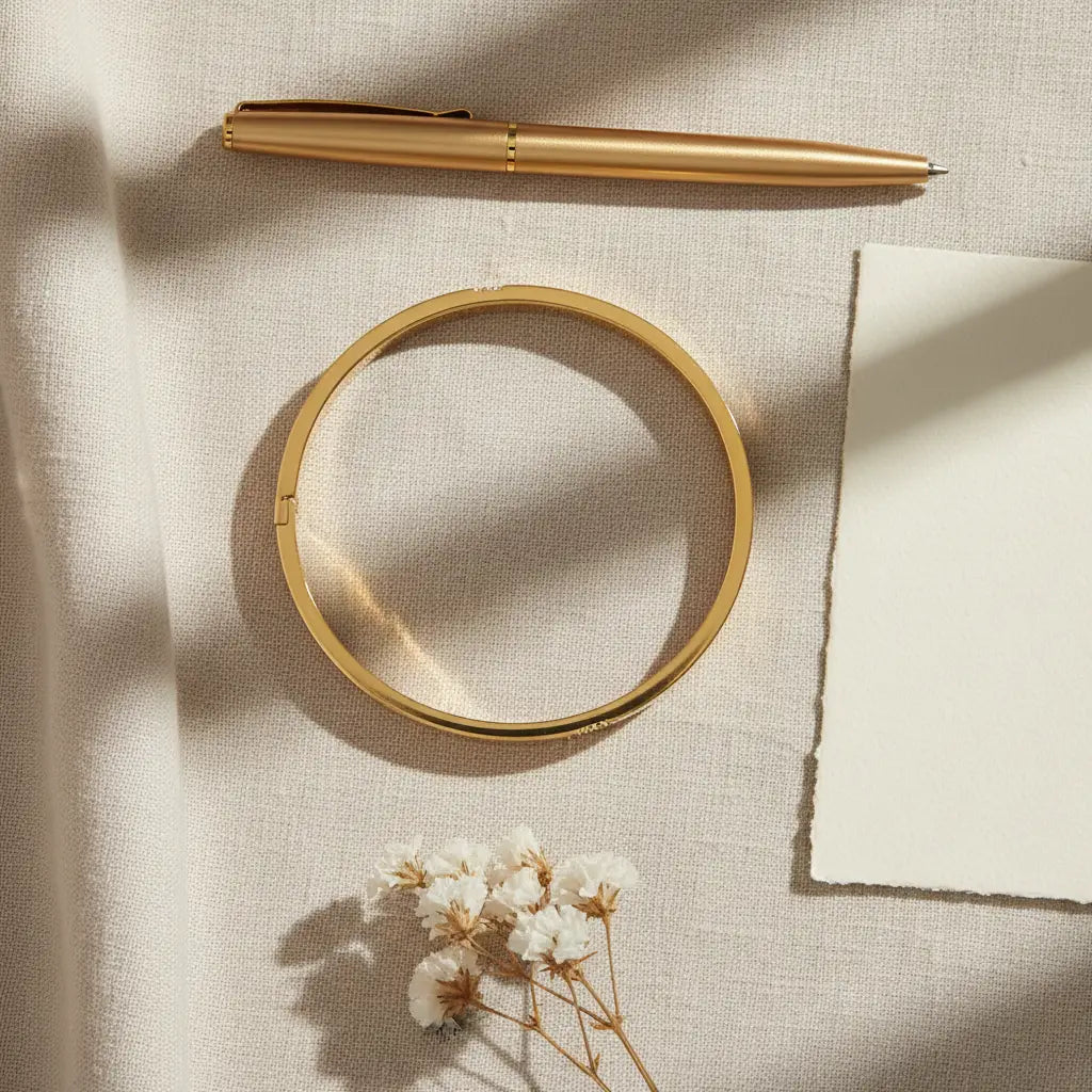 Flatlay composition of a minimalist gold hinged bangle bracelet on textured beige fabric next to a gold pen, torn-edge paper, and small white dried flowers, styled for an elegant desk look, gold hinged bangle bracelet | Oria Jewel