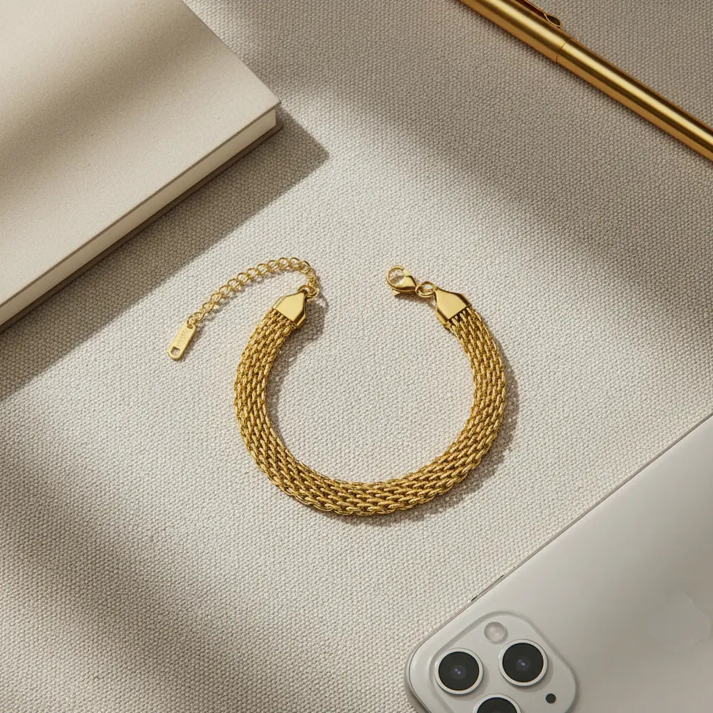 Overhead view of gold wheat chain bracelet styled next to smartphone, pen and notebook | Oria Jewel