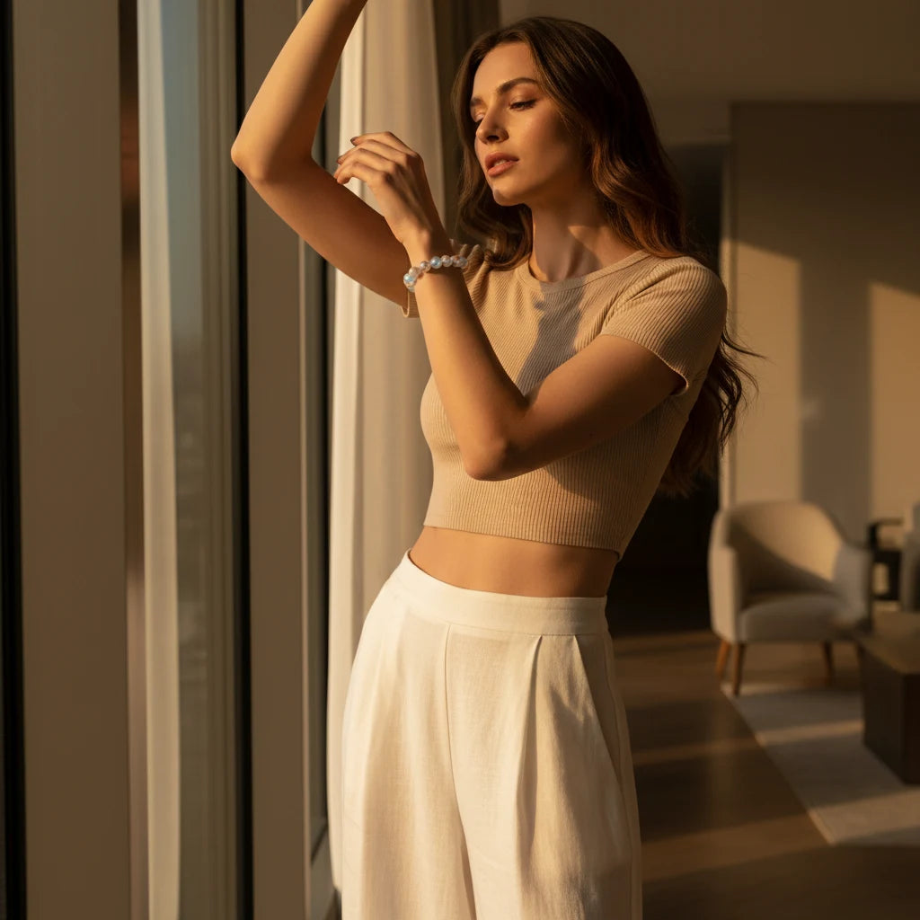Elegant woman standing by a large window at golden hour, raising her arms as the Luck & Health Stone Bracelet catches the warm sunlight on her wrist | Oria Jewel