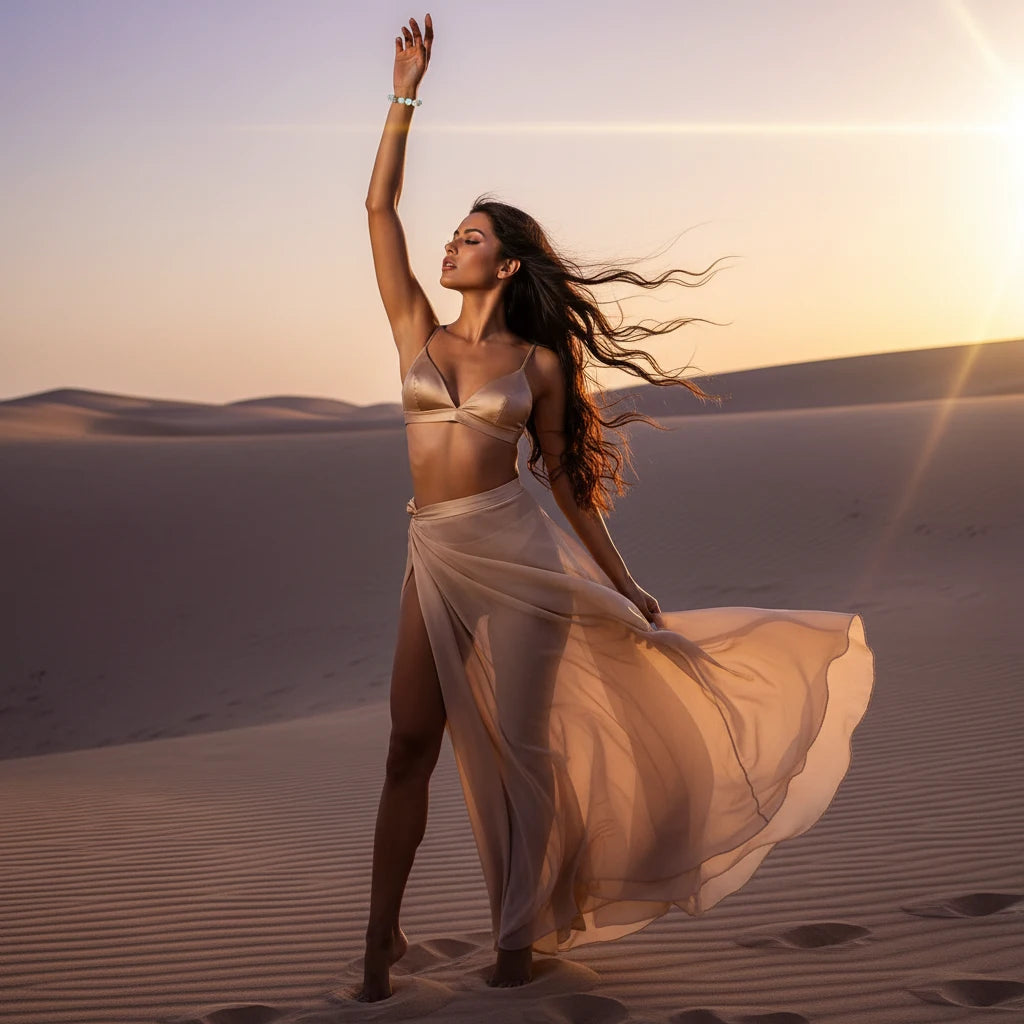 Fashion model posing in flowing nude two-piece outfit in the desert at sunset, arm lifted to showcase the shimmering Luck & Health Stone Bracelet | Oria Jewel