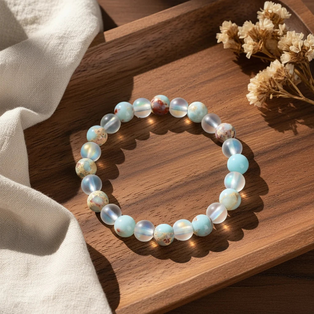 Luck & Health Stone Bracelet placed neatly on a wooden tray beside linen fabric and dried flowers, styled as a cozy everyday accessory | Oria Jewel