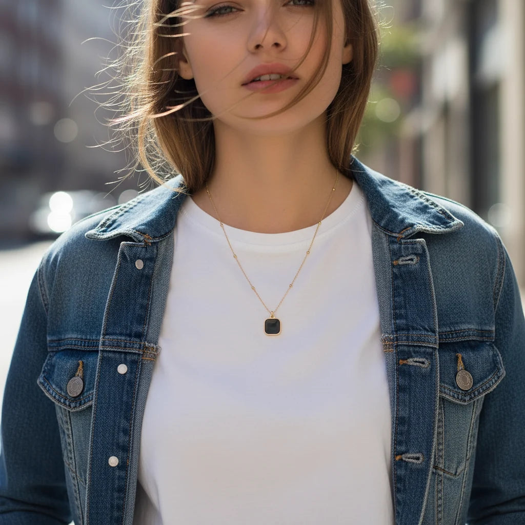 Minimalist Square Pendant Choker worn by a model with a denim jacket and white t-shirt in a street setting | Oria Jewel