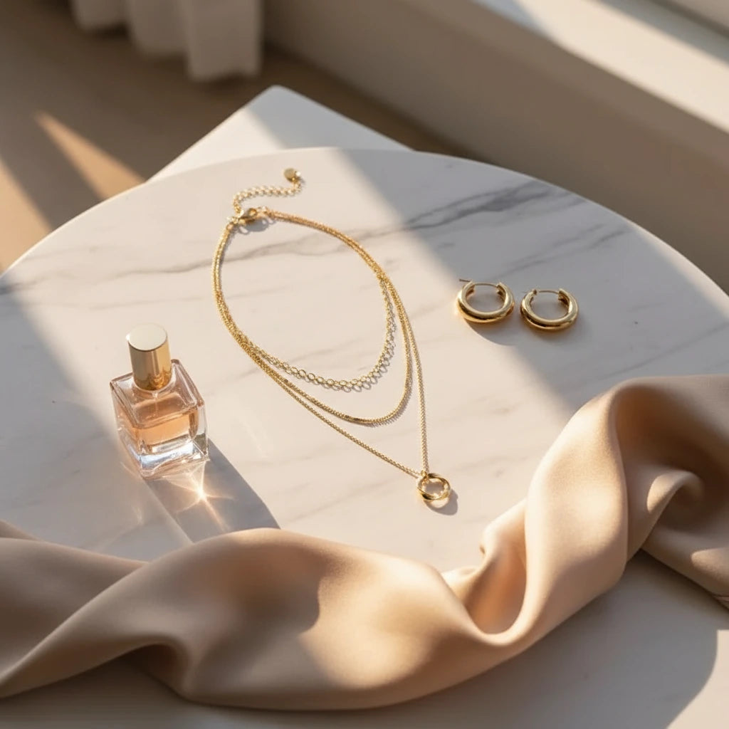 Flat-lay of Multi Layered Gold Chain Necklace with matching gold hoops, perfume bottle, and silk ribbon on marble surface | Oria Jewel