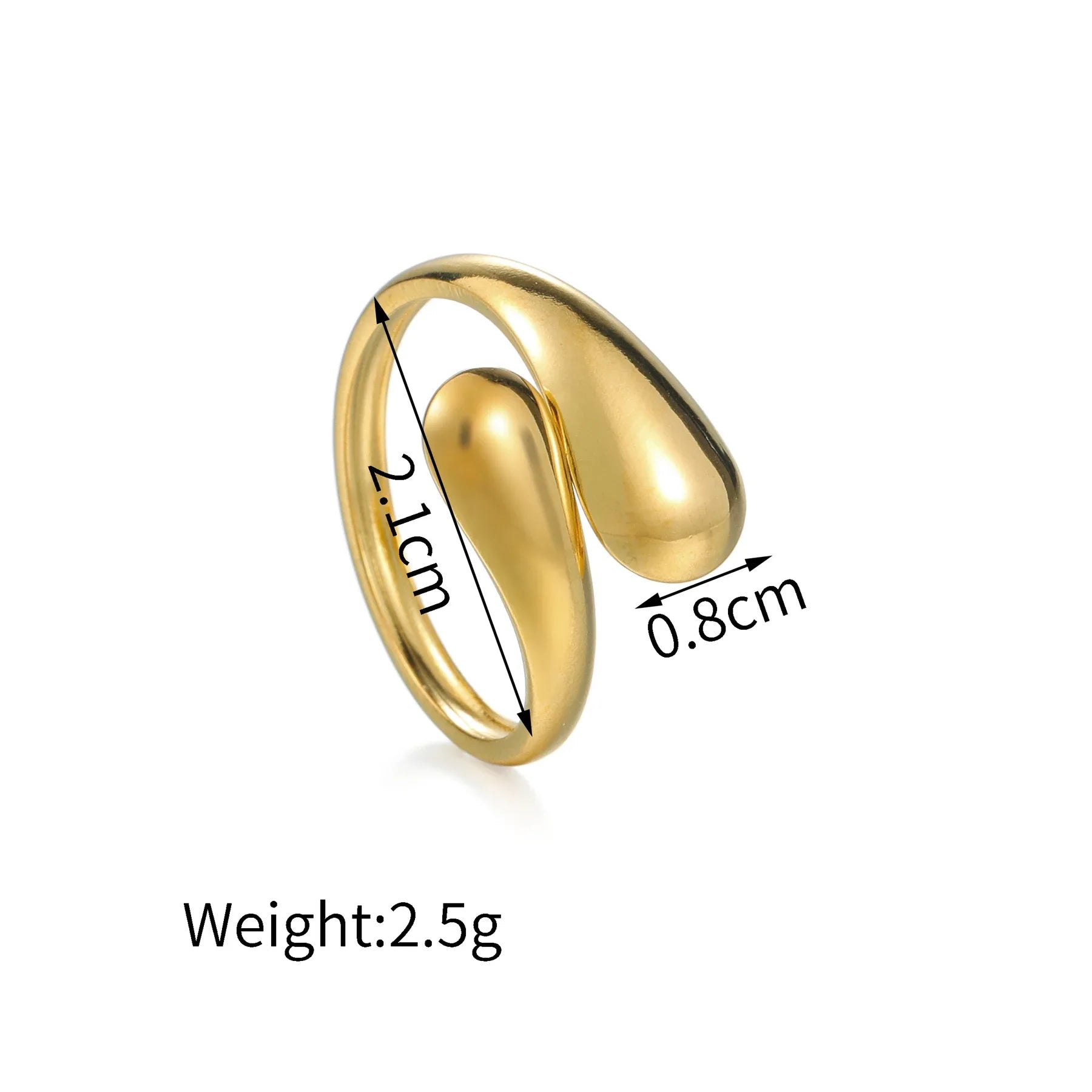 open gold wrap ring on a white background with size and weight details shown (2.1cm height, 0.8cm width, weight 2.5g), glossy wrap profile | OriaJewel