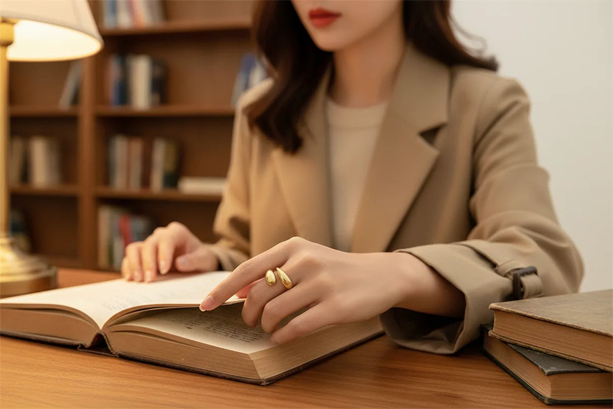 open gold wrap ring worn while reading an open book at a wooden desk, warm lamp glow and bookshelf background highlighting the modern wrap design | OriaJewel
