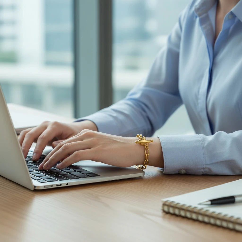 Professional scene of a woman typing on a laptop while wearing an oval link chain bracelet, adding a polished touch to her work outfit | Oria Jewel