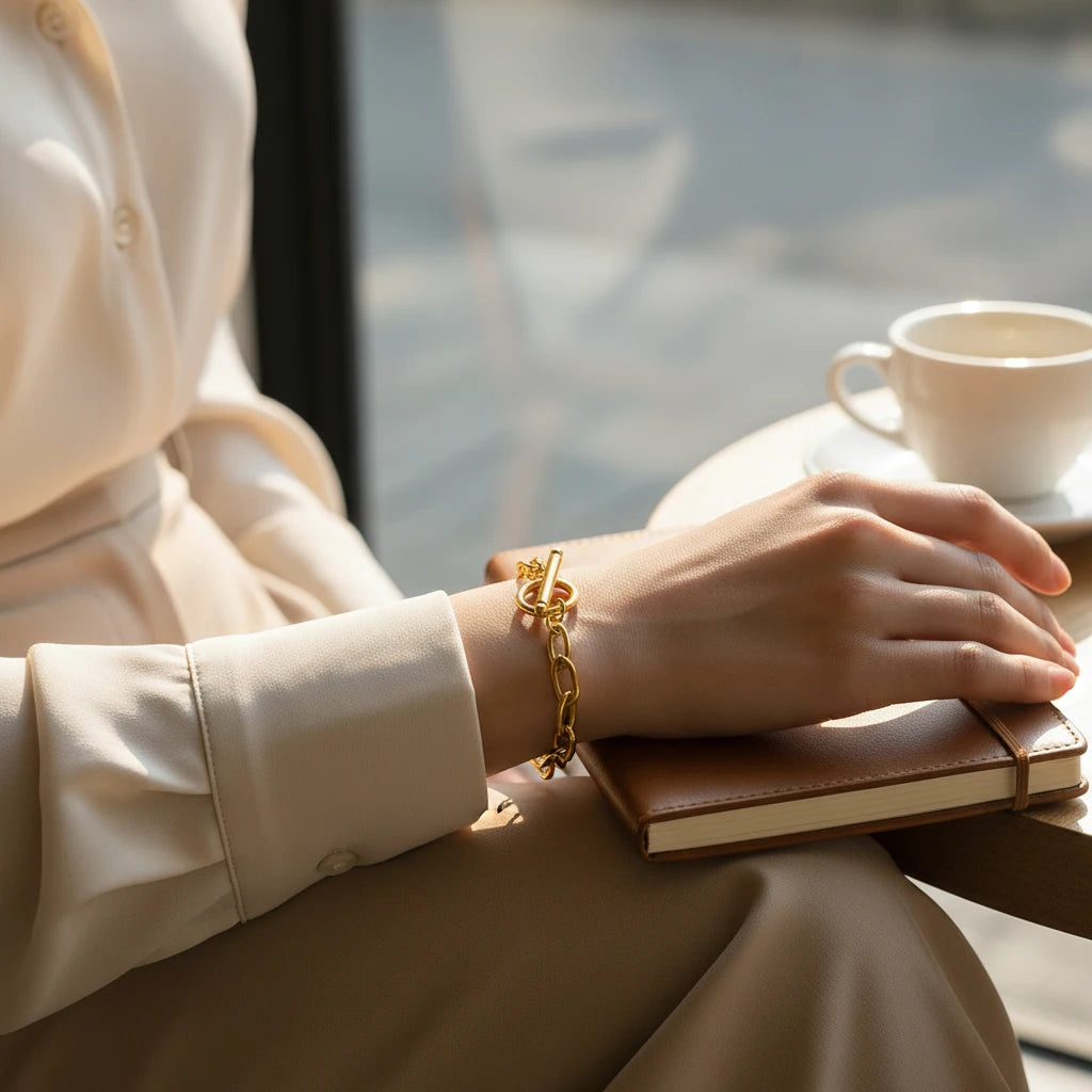 Soft café moment showing a woman holding a notebook and coffee cup while wearing an oval link chain bracelet with toggle clasp | Oria Jewel