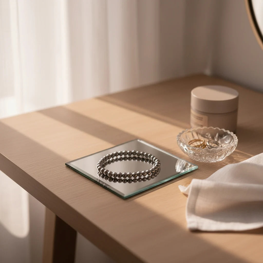 Minimalist vanity scene with a Silver Beaded Stretch Bracelet resting in a neat circle on a square mirror tray on a wooden dressing table, beside a small glass trinket dish and cream cosmetics jar in soft morning light | Oria Jewel