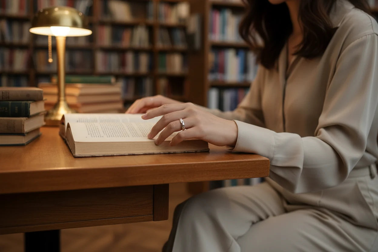 Cozy library scene showing a hand turning pages of a book while wearing a silver wave ring, warm lamp glow and blurred bookshelves in the background | OriaJewel