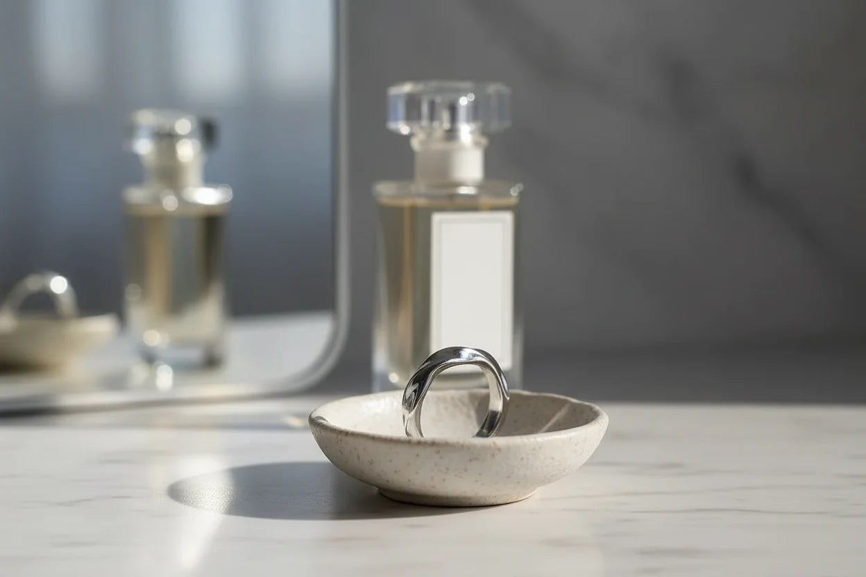 Vanity-inspired product shot of a silver wave ring standing in a speckled ceramic dish, perfume bottle and mirror softly blurred behind in clean daylight | OriaJewel