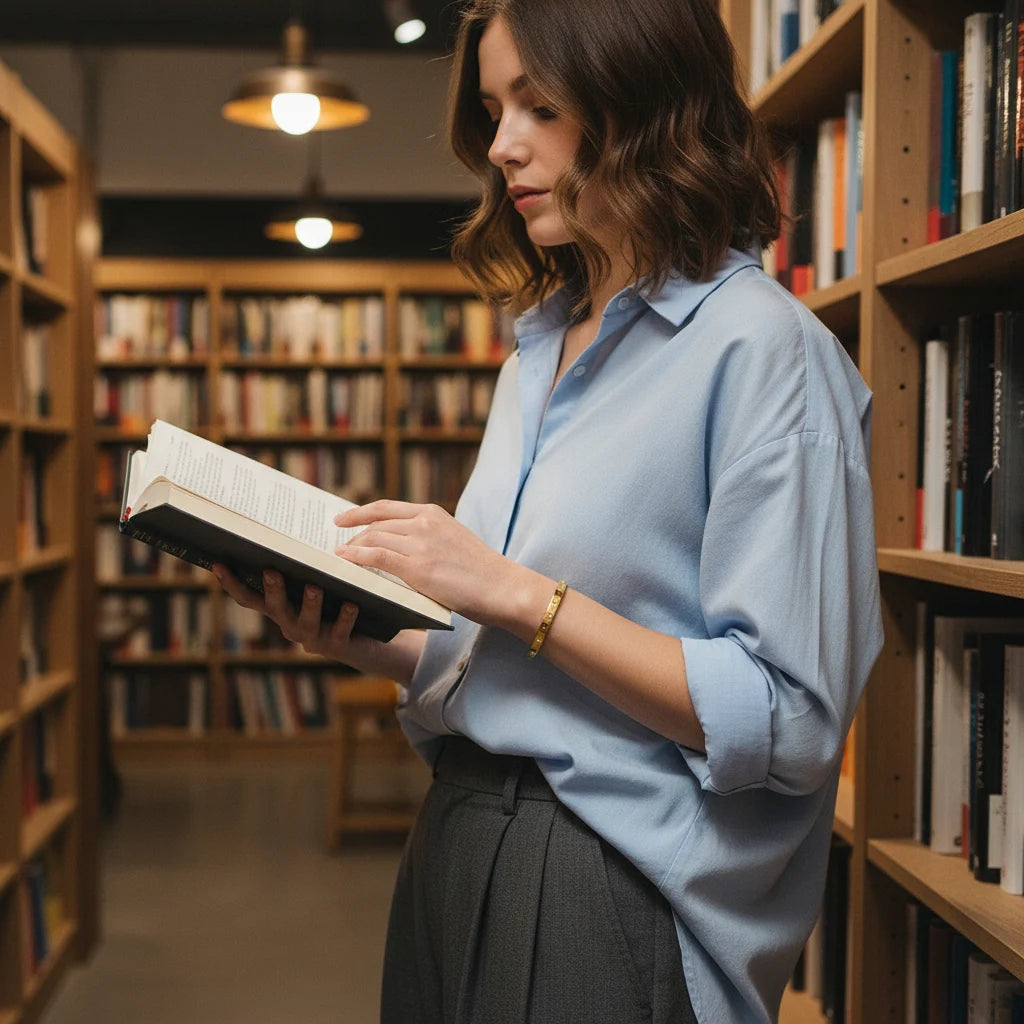 Young woman reading a book in a cozy library, her rolled-sleeve shirt revealing a slim gold star cuff bracelet on her wrist for a polished, intellectual look | Oria Jewel