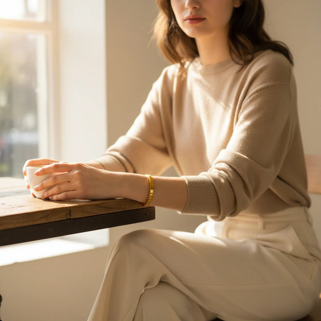 Cozy cafรฉ moment with a woman in a beige sweater holding a cup at a wooden table, the gold statement cuff bracelet on her wrist catching the soft morning light | Oria Jewel
