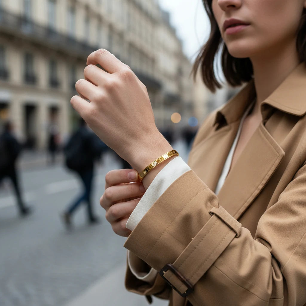 Woman in a camel trench coat adjusting a sleek gold statement cuff bracelet on her wrist while walking through a city street, highlighting its modern everyday style | Oria Jewel