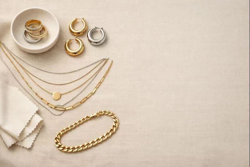2026 jewelry favorites flat lay with layered gold-tone necklaces, chunky chain bracelet, mixed hoop earrings, and stacked rings on a soft neutral background—exactly the kind of everyday pieces you kept reaching for. | OriaJewel